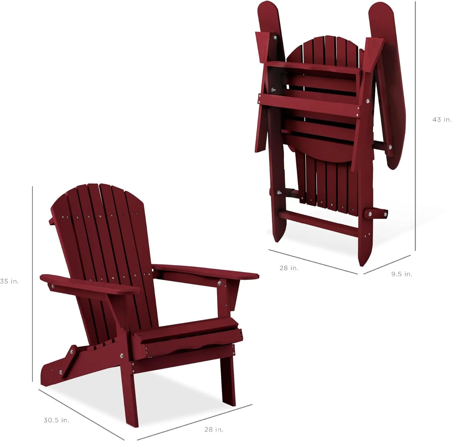 Best Choice Products Folding Adirondack Chair Outdoor Wooden Accent Furniture Fire Pit Lounge Chairs for Yard, Garden, Patio w/ 350lb Weight Capacity - Red