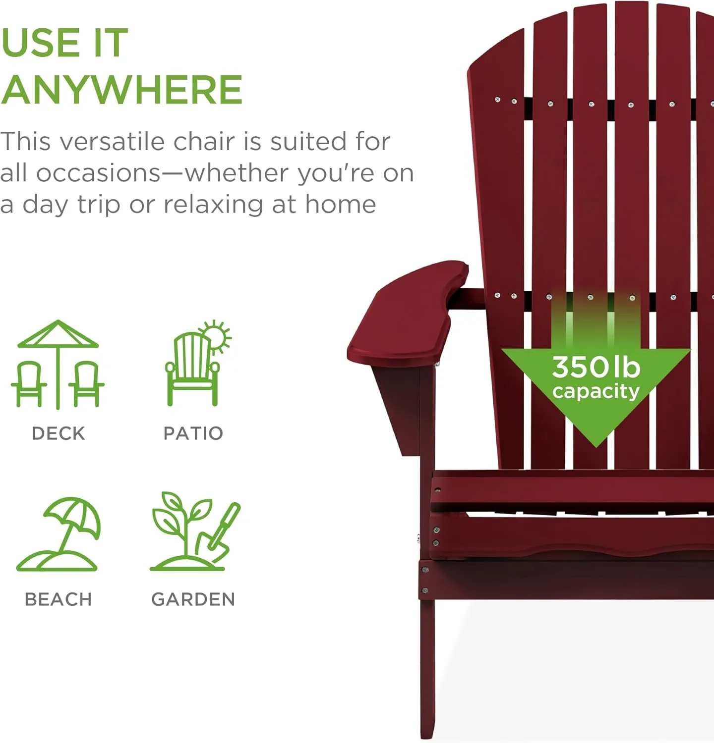 Best Choice Products Folding Adirondack Chair Outdoor Wooden Accent Furniture Fire Pit Lounge Chairs for Yard, Garden, Patio w/ 350lb Weight Capacity - Red