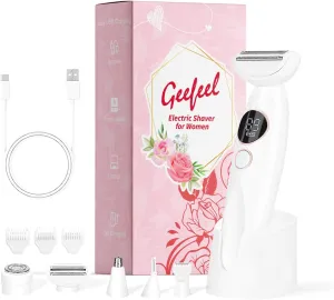 Bikini Trimmer for Women, 5 in 1 Electric Razors for Women - Rechargeable Electric Shaver - IPX7 Waterproof Bikini Trimmer for Underarm Leg Arm Body (White)