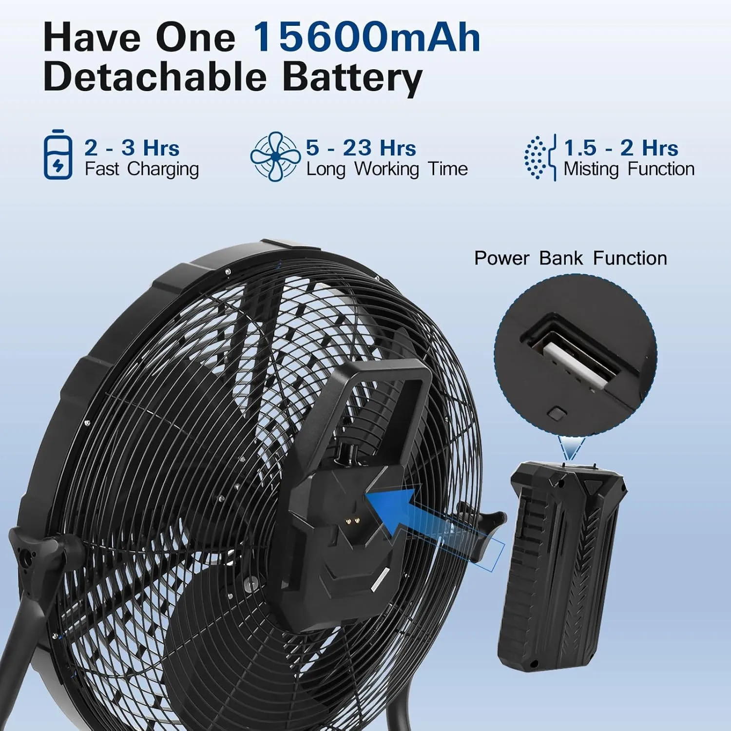 BILT HARD 12 Inch Battery Operated Outdoor Portable Misting Fan, Rechargeable Portable Floor Fan with 15600mAh Detachable Battery for Outside