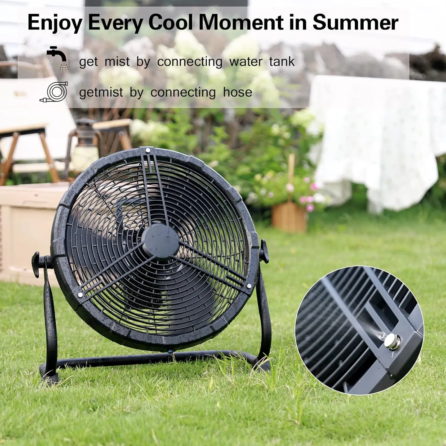 BILT HARD 12 Inch Battery Operated Outdoor Portable Misting Fan, Rechargeable Portable Floor Fan with 15600mAh Detachable Battery for Outside