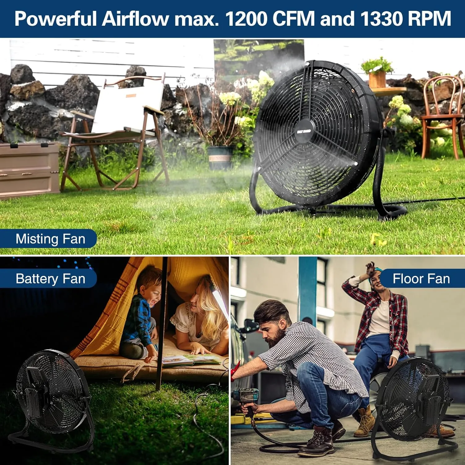 BILT HARD 12 Inch Battery Operated Outdoor Portable Misting Fan, Rechargeable Portable Floor Fan with 15600mAh Detachable Battery for Outside