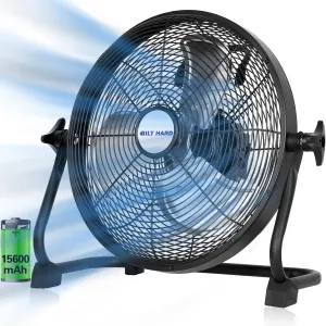 BILT HARD 12" Rechargeable Battery Operated Outdoor Floor Fan, 15600mAh Battery Powered High Velocity Portable Fan with Metal Blade, USB Output for Camping, Travel, Backyard, Run All Day