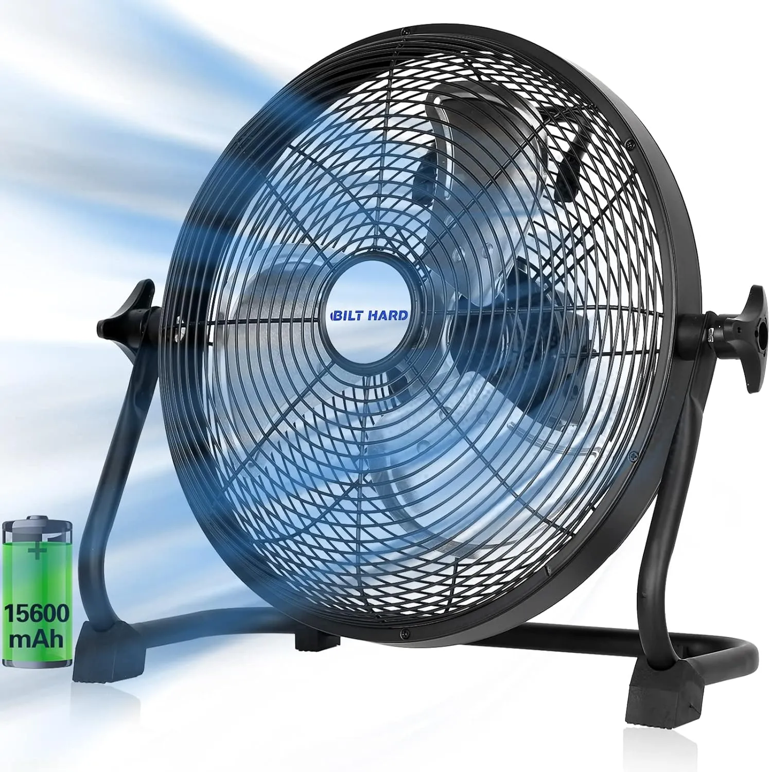 BILT HARD 12" Rechargeable Battery Operated Outdoor Floor Fan, 15600mAh Battery Powered High Velocity Portable Fan with Metal Blade, USB Output for Camping, Travel, Backyard, Run All Day