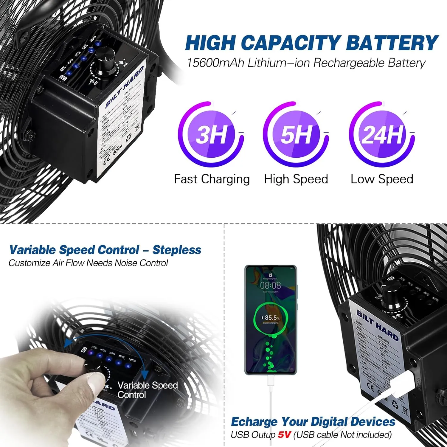 BILT HARD 12" Rechargeable Battery Operated Outdoor Floor Fan, 15600mAh Battery Powered High Velocity Portable Fan with Metal Blade, USB Output for Camping, Travel, Backyard, Run All Day