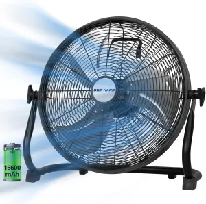 BILT HARD 16 Inch Rechargeable Battery Operated Outdoor Floor Fan, 15600mAh Battery Powered High Velocity Portable Fan with Metal Blade, Run All Day, USB Output for Travel, Camping, Backyard