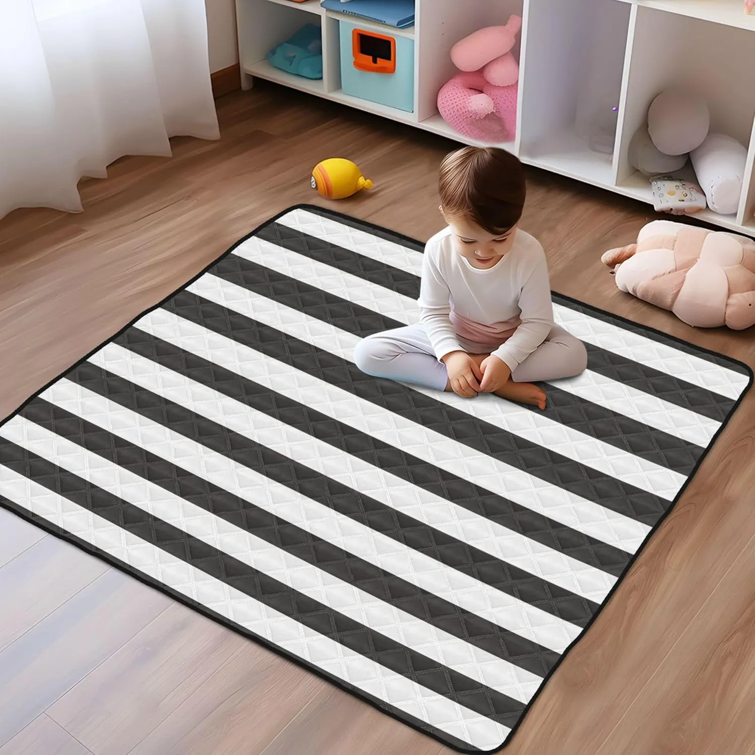 Black and White Stripes Soft Foam Baby Play Mat for Indoor Outdoor Cozy Breathable Padded Baby Mat for Baby Kids Toddlers Infants, 50'' x 50''