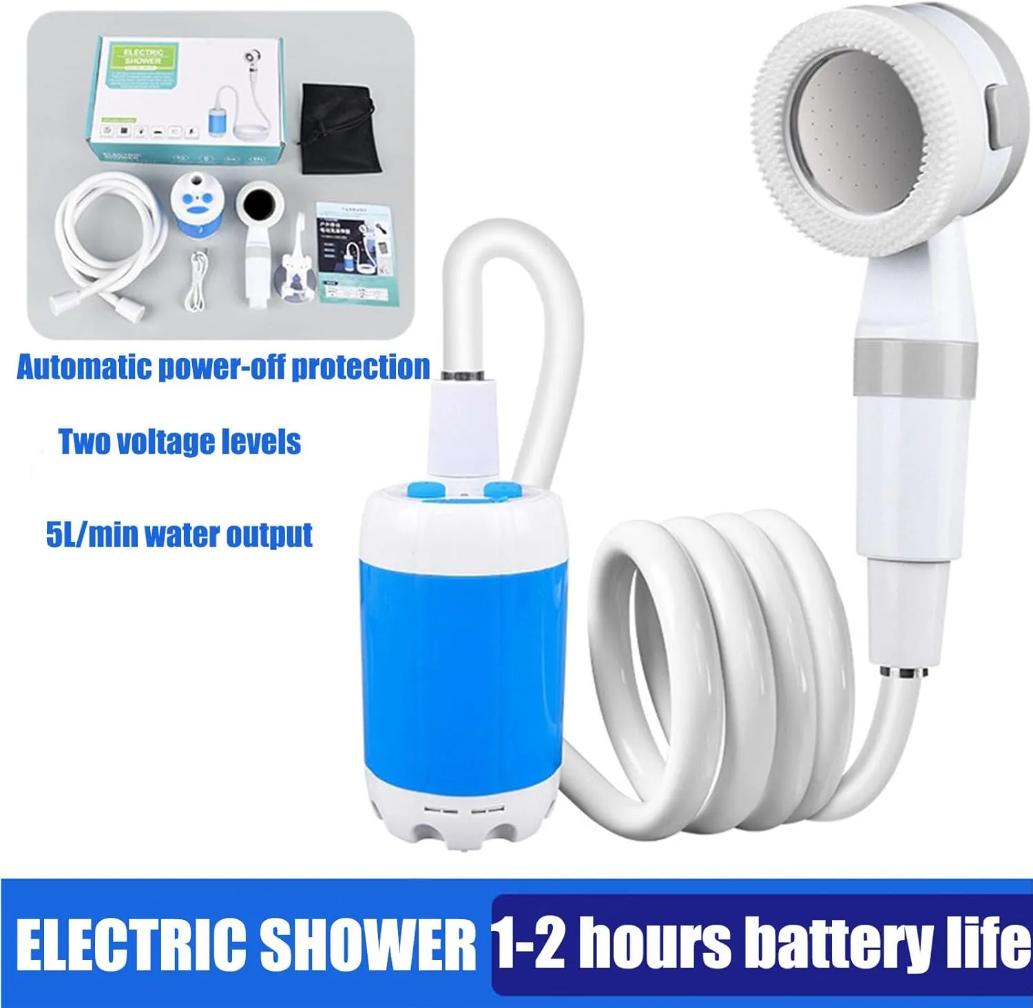 Blue basic model,Portable Camping Shower,No Need to Plug in,USB Charging Power Supply,Equipped with 6000 mAh Large Battery,Can be Used for Outdoor Shower,Outdoor Car Washing