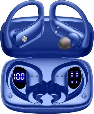bmani Wireless Earbuds Bluetooth Headphones 48hrs Play Back Sport Earphones with LED Display Over-Ear Buds with Earhooks Built-in Mic Headset for Workout Blue