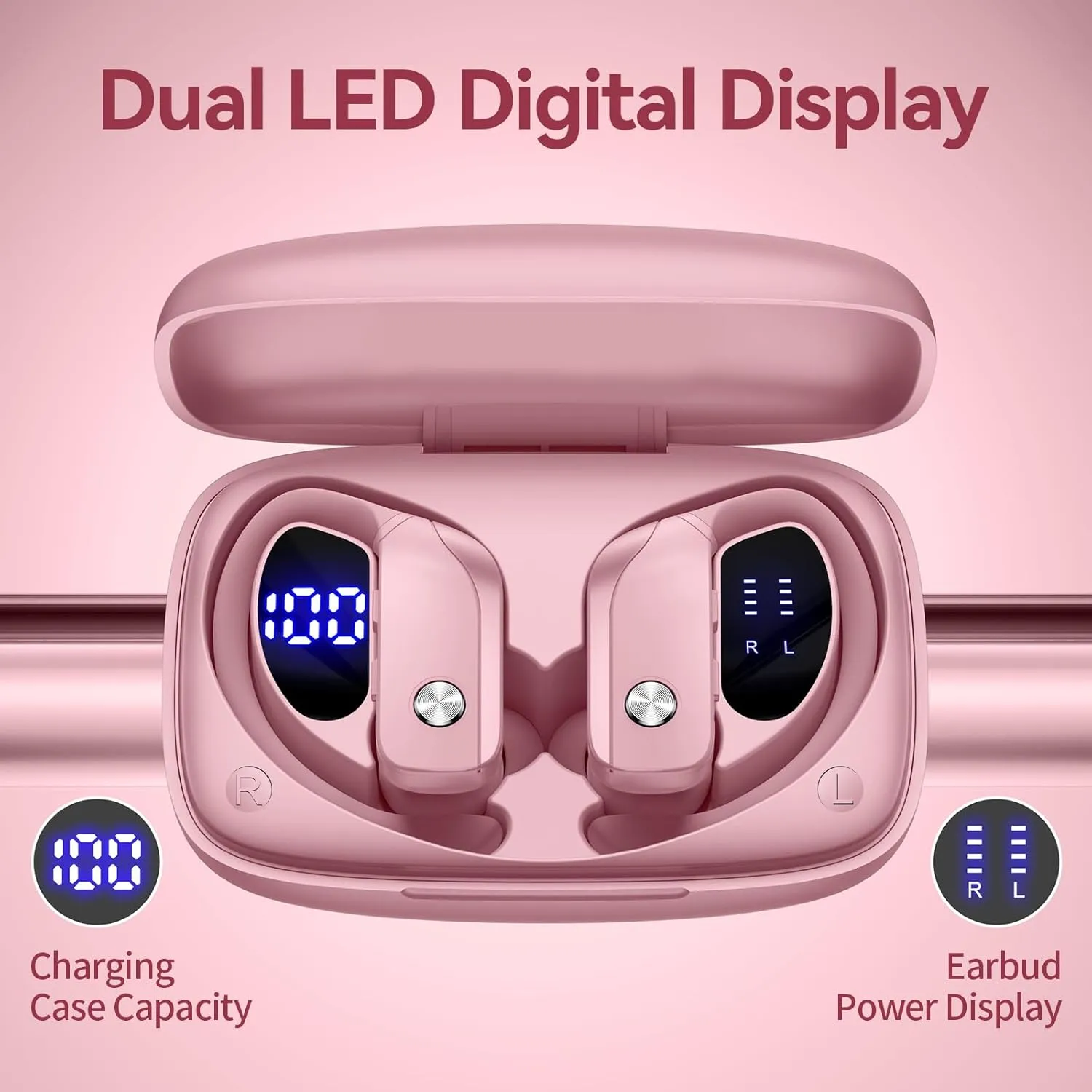 bmani Wireless Earbuds Bluetooth Headphones 48hrs Play Back Sport Earphones with LED Display Over-Ear Buds with Earhooks Built-in Mic Headset for Workout Pink