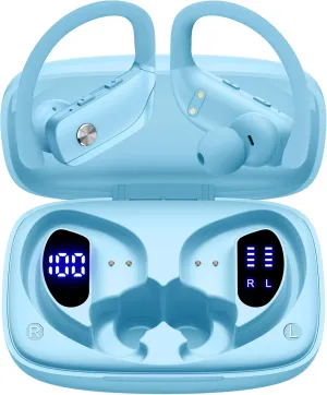 bmani Wireless Earbuds Bluetooth Headphones 48hrs Play Back Sport Earphones with LED Display Over-Ear Buds with Earhooks Built-in Mic Headset for Workout Sky Blue
