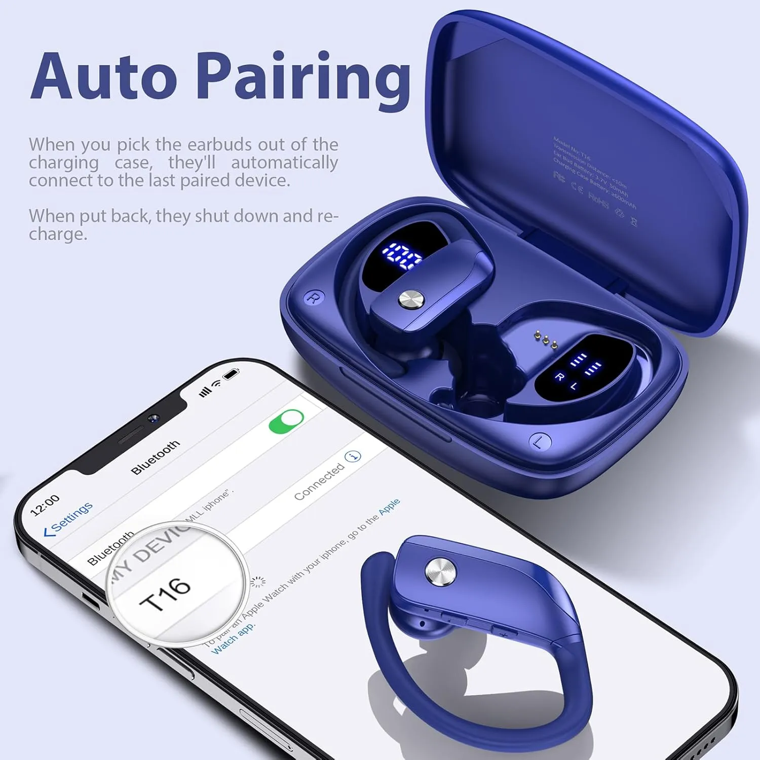 bmanl Wireless Earbuds Bluetooth Headphones 48hrs Play Back Sport Earphones with LED Display Over-Ear Buds with Earhooks Built-in Mic Headset for Workout Blue