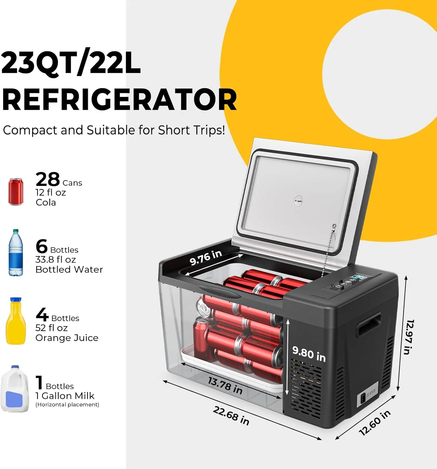 BougeRV 12 Volt Refrigerator 12V Car Fridge 23 Quart Portable Freezer Compressor Cooler 12/24V DC 110~240V AC for Truck Van RV SUV Boat Travel Camping Road Trips Tailgating -7℉~50℉ (Black)