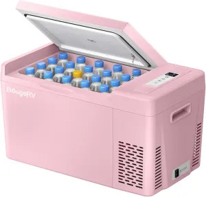 BougeRV Pink 23Quart Portable Refrigerator, 12 Volt Fridge 22L, Portable Freezer Compressor Cooler 12/24V DC 110~240 Volt AC for Truck Van RV Camper -7℉~50℉
