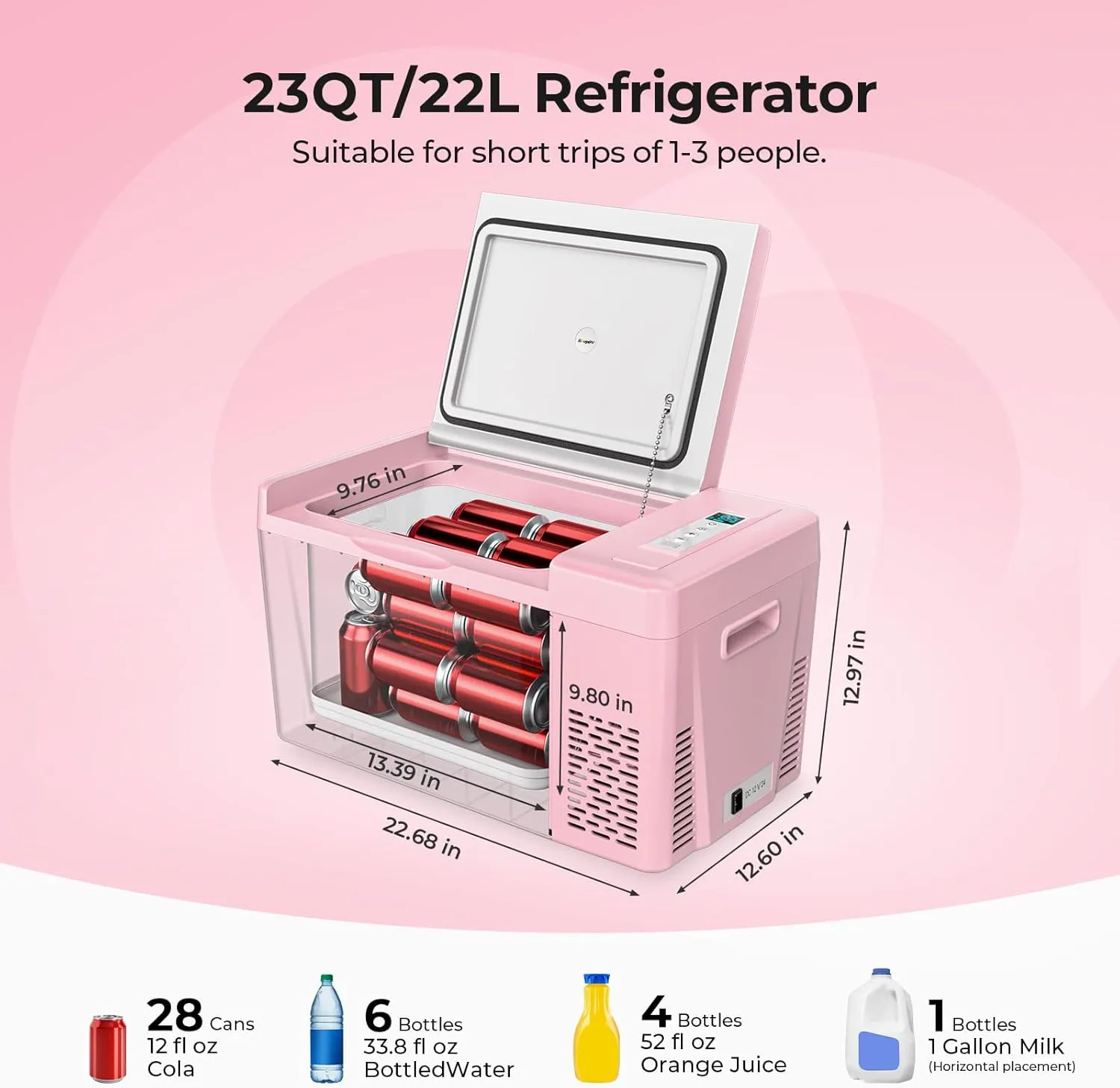 BougeRV Pink 23Quart Portable Refrigerator, 12 Volt Fridge 22L, Portable Freezer Compressor Cooler 12/24V DC 110~240 Volt AC for Truck Van RV Camper -7℉~50℉