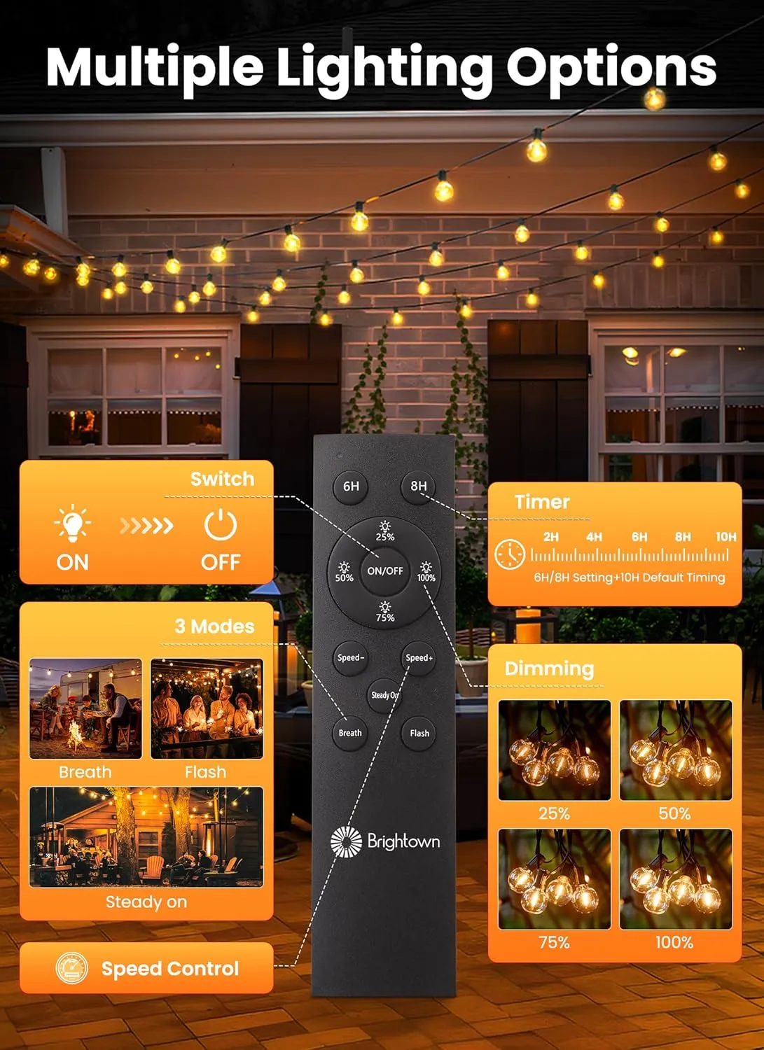 Brightown 108FT Solar String Lights Outdoor with Remote and 52 LED Shatterproof Bulbs, Dimmable & Timable, 3 Light Modes, Solar Patio String Lights Outdoor for Cafe, Garden, Deck, Outside Wedding
