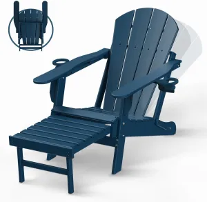 BRIOPAWS Folding Adirondack Chair with Adjustable Backrest & Ottoman, All-Weather HDPE Outdoor Chairs w/Cup Holders & Retractable Footrest for Poolside, Fire Pit, Campfire, Deck, Blue