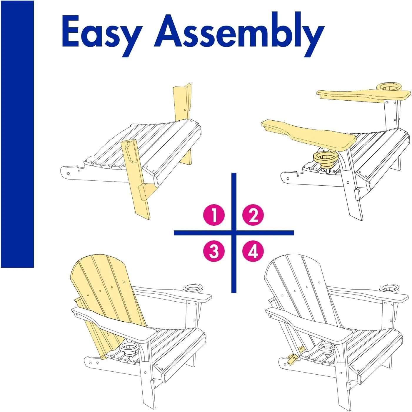 BRIOPAWS Folding Adirondack Chair with Adjustable Backrest & Ottoman, All-Weather HDPE Outdoor Chairs w/Cup Holders & Retractable Footrest for Poolside, Fire Pit, Campfire, Deck, Blue