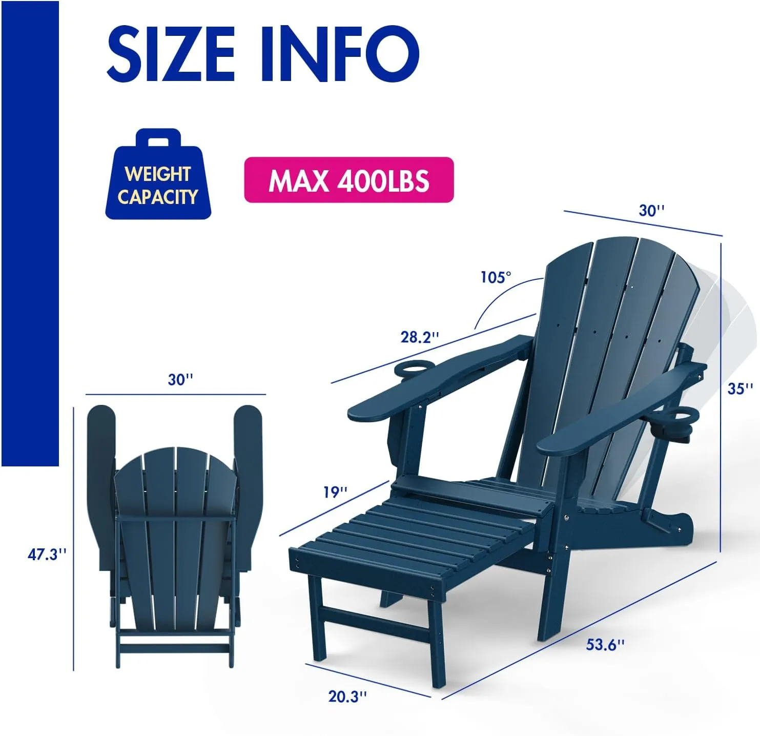 BRIOPAWS Folding Adirondack Chair with Adjustable Backrest & Ottoman, All-Weather HDPE Outdoor Chairs w/Cup Holders & Retractable Footrest for Poolside, Fire Pit, Campfire, Deck, Blue
