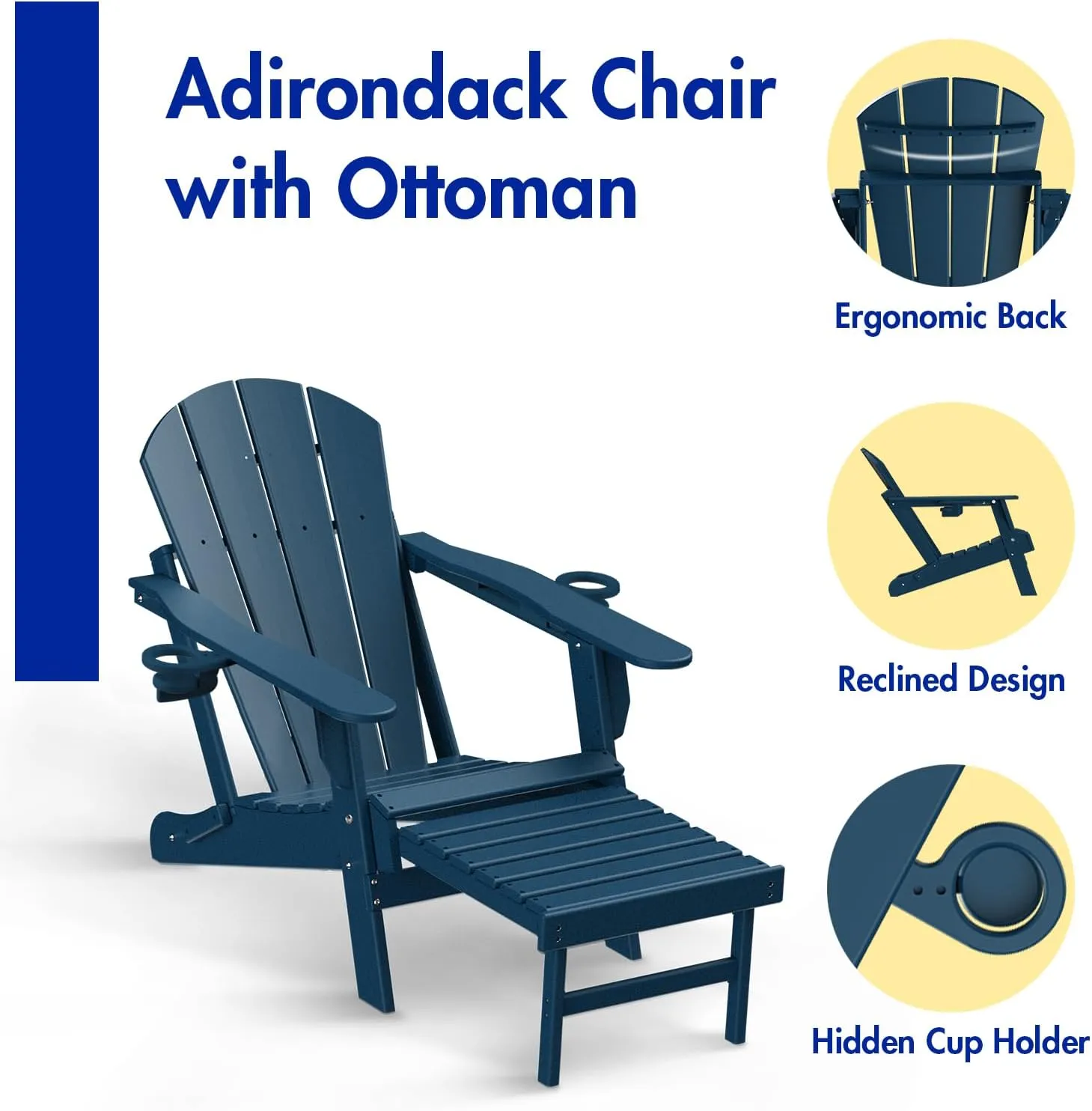 BRIOPAWS Folding Adirondack Chair with Adjustable Backrest & Ottoman, All-Weather HDPE Outdoor Chairs w/Cup Holders & Retractable Footrest for Poolside, Fire Pit, Campfire, Deck, Blue