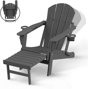 BRIOPAWS Folding Adirondack Chair with Adjustable Backrest & Ottoman, Wood Texture All-Weather HDPE Outdoor Chairs w/Cup Holders & Retractable Footrest for Poolside, Fire Pit, Campfire, Deck, Grey