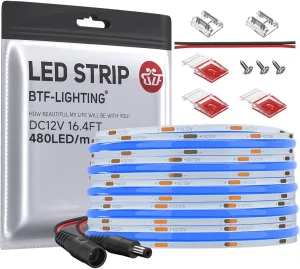 BTF-LIGHTING FCOB COB LED Strip Blue Color 480LEDs/m 16.4FT DC12V Flexible High Density Uniform Light 8mm Width Bright Dimmable for Bedroom Indoor Decor(No Adapter or Controller)