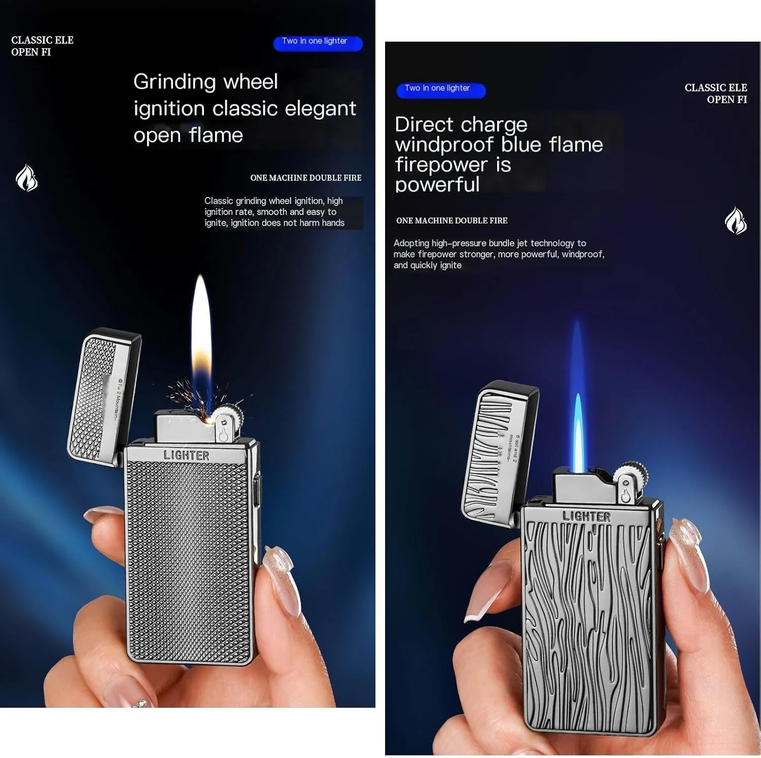 Butane Lighters with Gift Box with Flints Lighter Accessories, Torch Lighter & Traditional Lighter•Soft/Jet Flame Switchable ，Visible Gas Window 【Butane Not Included】(Black Ripple)