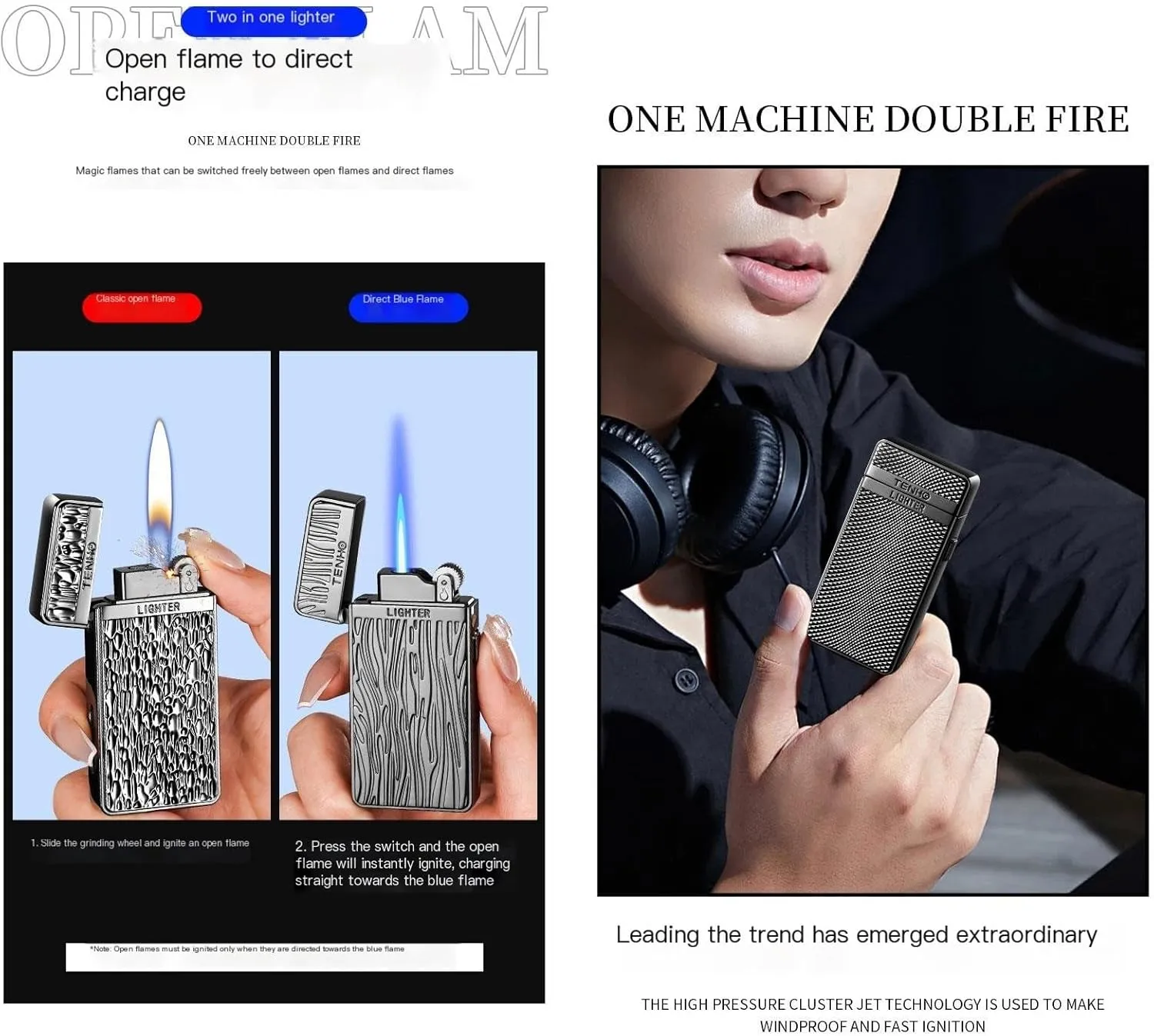 Butane Lighters with Gift Box with Flints Lighter Accessories, Torch Lighter & Traditional Lighter•Soft/Jet Flame Switchable ，Visible Gas Window 【Butane Not Included】(Black Ripple)