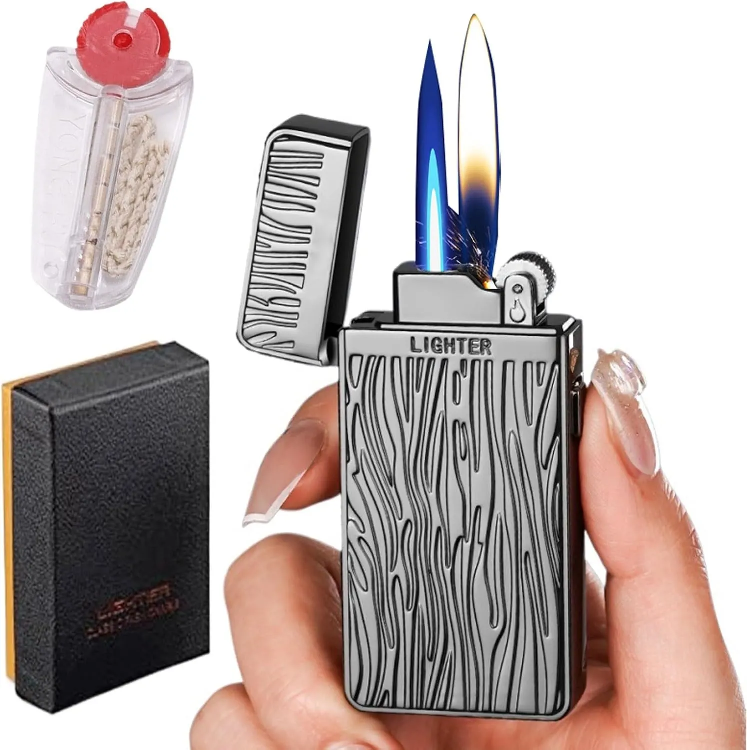 Butane Lighters with Gift Box with Flints Lighter Accessories, Torch Lighter & Traditional Lighter•Soft/Jet Flame Switchable ，Visible Gas Window 【Butane Not Included】(Black Ripple)