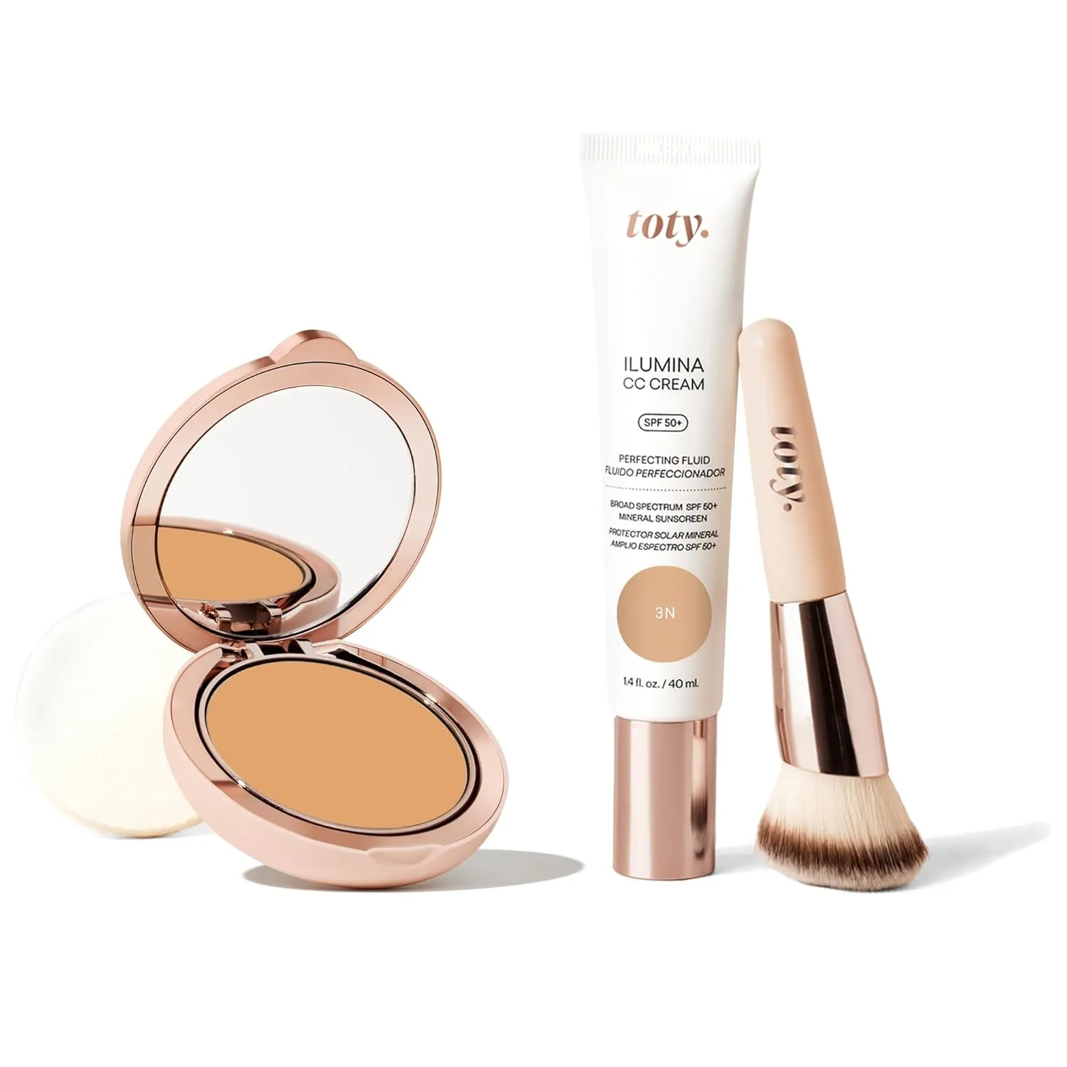 by Sofia Vergara - Ilumina CC Cream 100% Mineral Color Correcting Cream   Ilumina CC Creamy Compact Mineral Broad Spectrum Sunscreen   Angled Complexion & Foundation Blending Brush - 3N