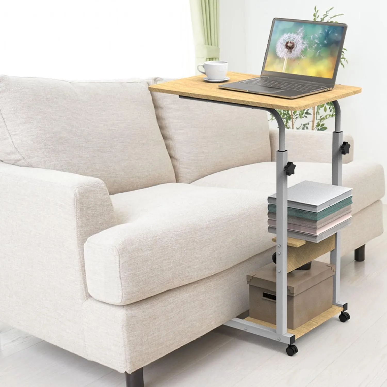 C Shaped Laptop Table with Wheels for Small Spaces, Adjustable Height Snack Side Tray Table for Couch Bed Sofa Living Room Bedroom Bedside (Beige)