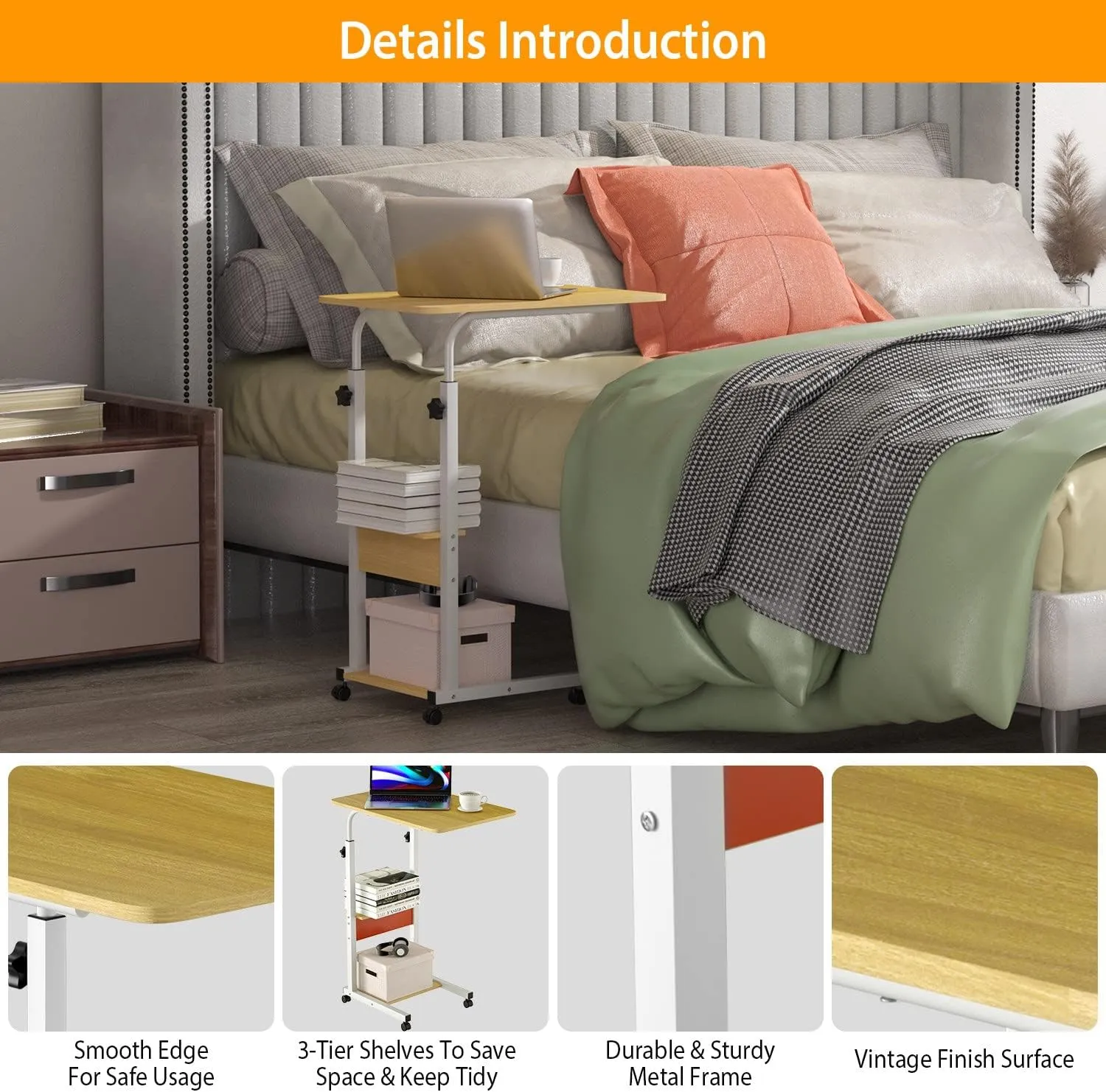C Shaped Laptop Table with Wheels for Small Spaces, Adjustable Height Snack Side Tray Table for Couch Bed Sofa Living Room Bedroom Bedside (Beige)