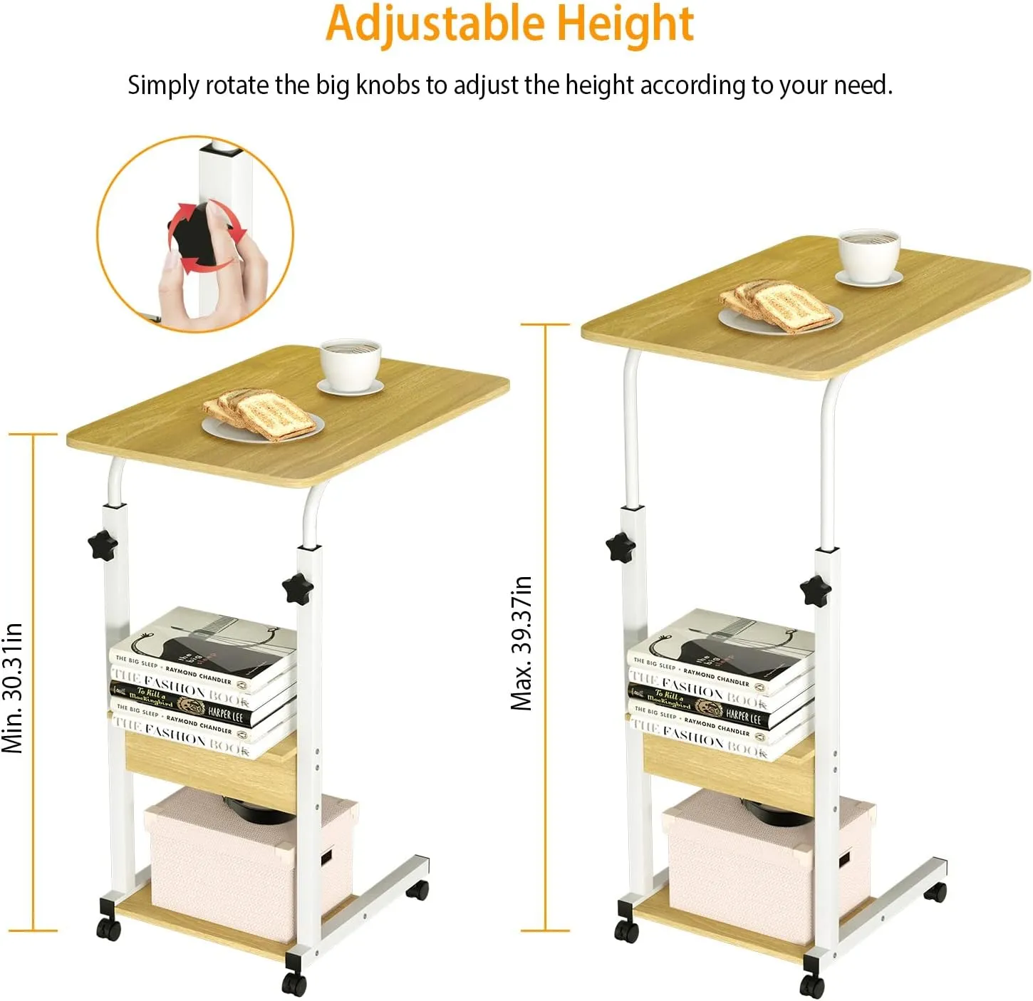C Shaped Laptop Table with Wheels for Small Spaces, Adjustable Height Snack Side Tray Table for Couch Bed Sofa Living Room Bedroom Bedside (Beige)