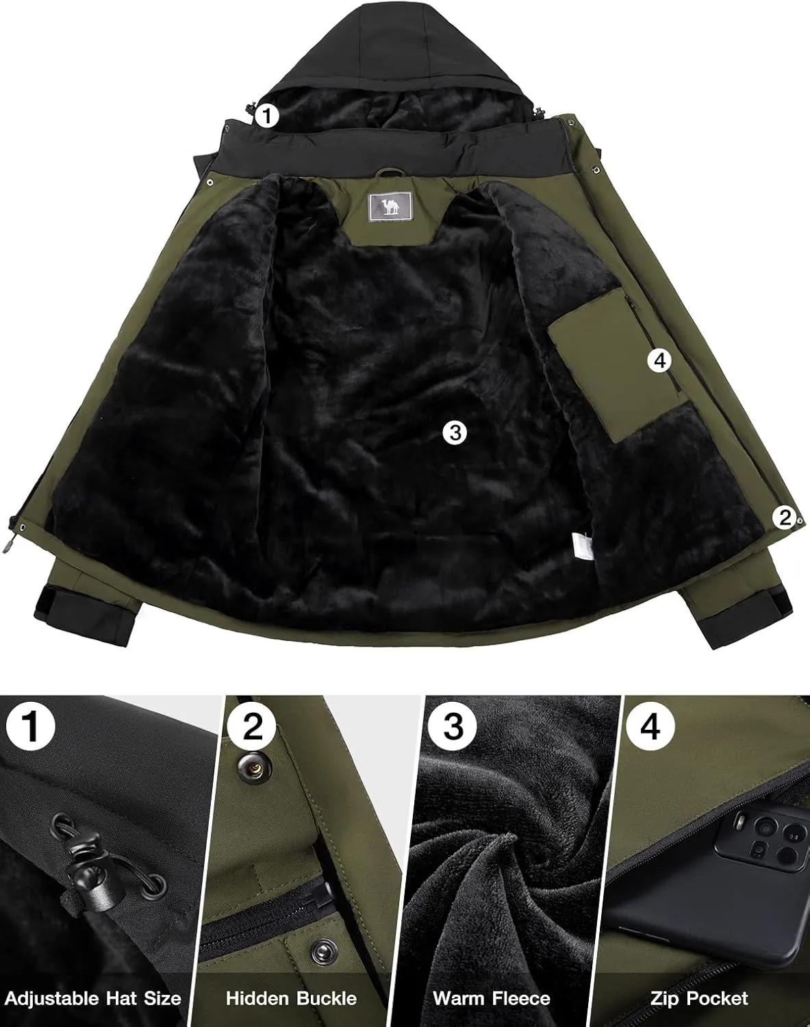 CAMEL CROWN Men's Winter Ski Jacket Mountain Snow Coats Waterproof Detachable Hood Windproof Fleece Rain Jackets
