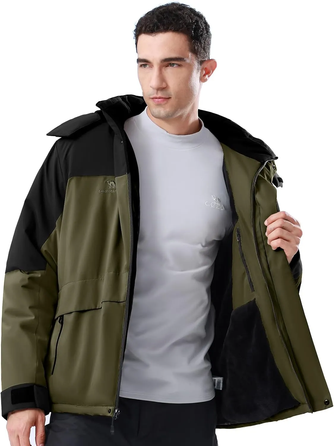 CAMEL CROWN Men's Winter Ski Jacket Mountain Snow Coats Waterproof Detachable Hood Windproof Fleece Rain Jackets