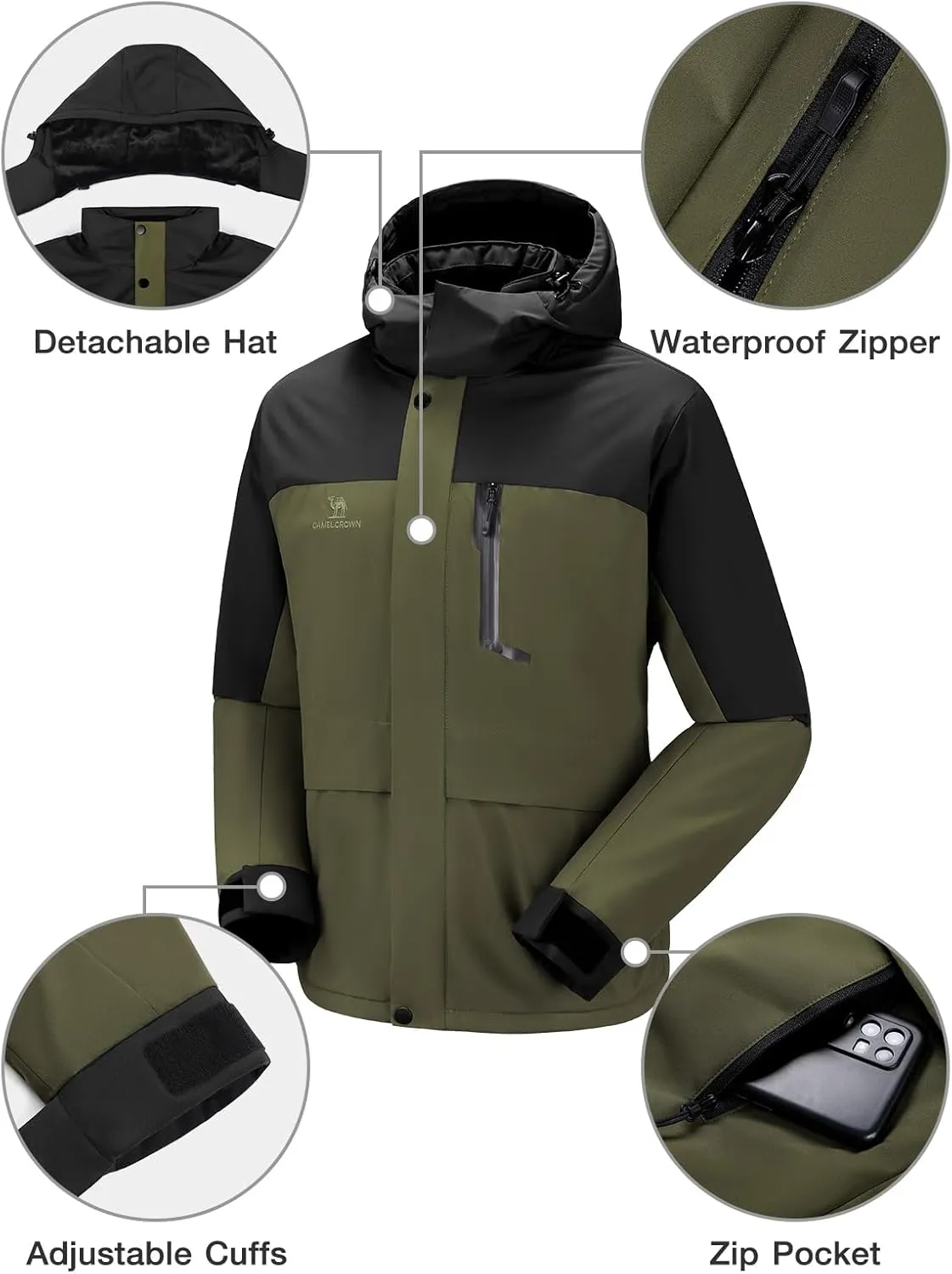 CAMEL CROWN Men's Winter Ski Jacket Mountain Snow Coats Waterproof Detachable Hood Windproof Fleece Rain Jackets