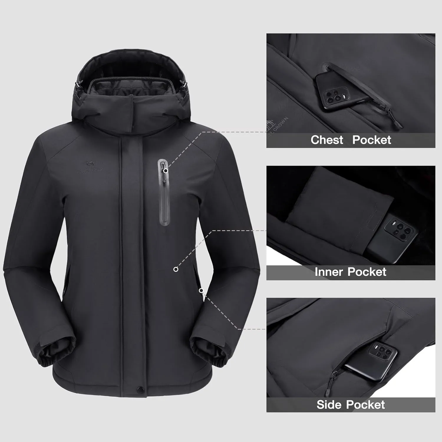 CAMEL CROWN Women's Winter Coats Hooded Ski Jacket Warm Fleece Waterproof Snowboard Jacket Windproof Windbreaker