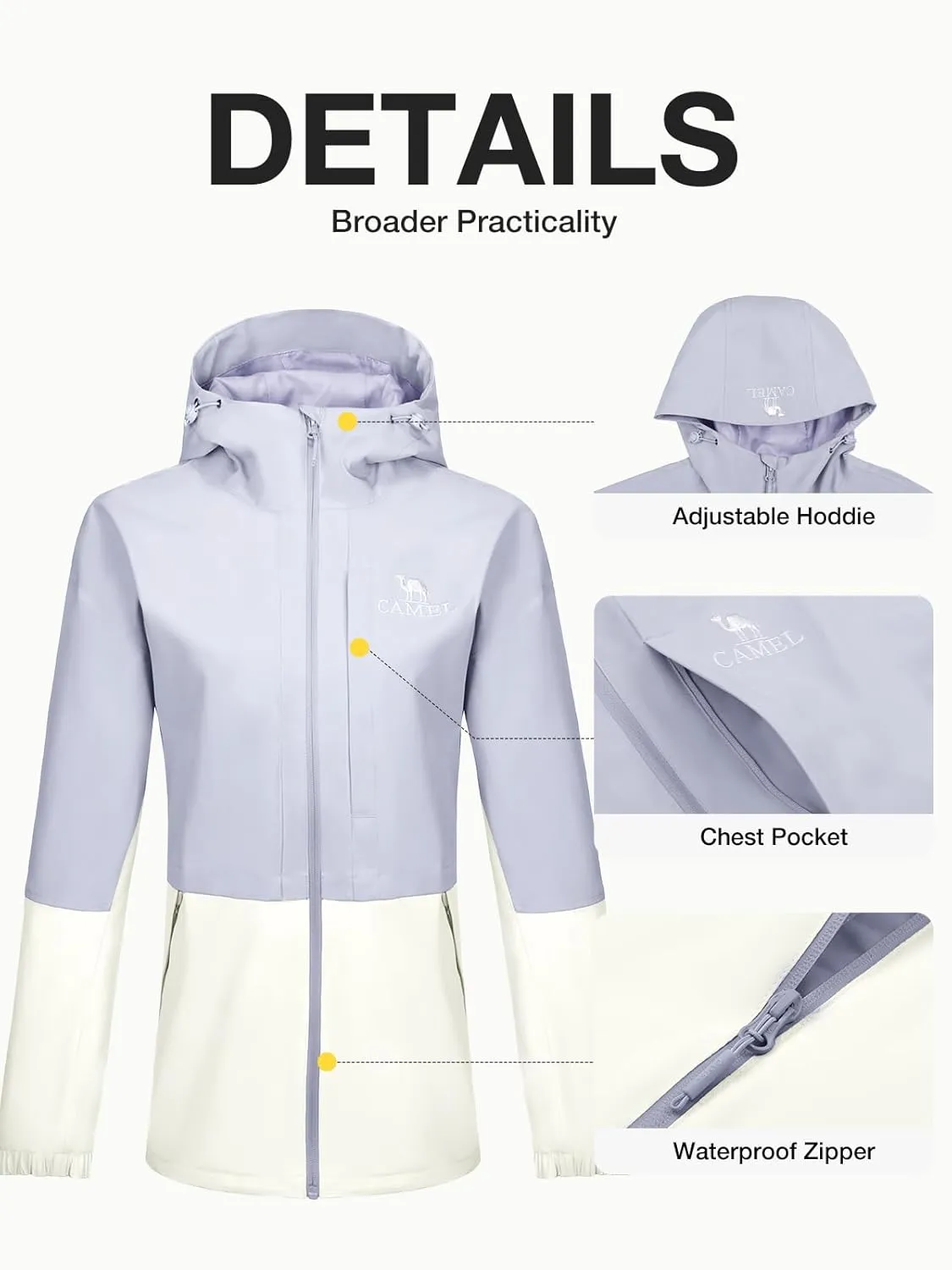 CAMEL Women's Waterproof Rain Jacket Lightweight Raincoat Hooded Softshell Windbreaker for Hiking Travel Outdoor