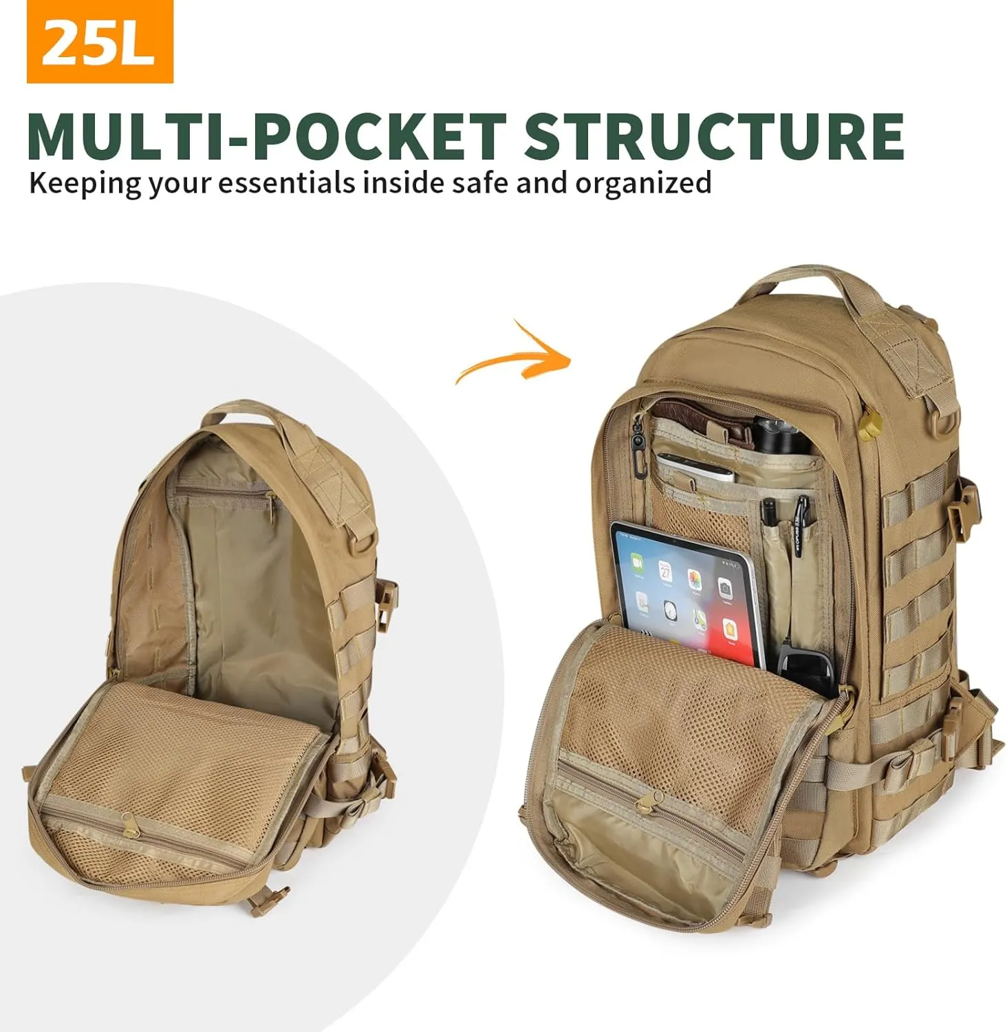 CamGo Military Tactical Backpack 25L Hunting Rucksack MOLLE Hiking Daypack for Daily Outdoor Sports (Khaki-25L)