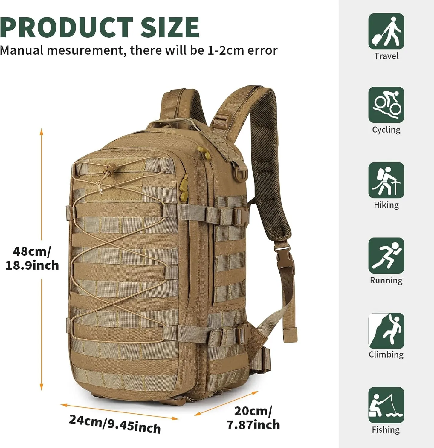 CamGo Military Tactical Backpack 25L Hunting Rucksack MOLLE Hiking Daypack for Daily Outdoor Sports (Khaki-25L)