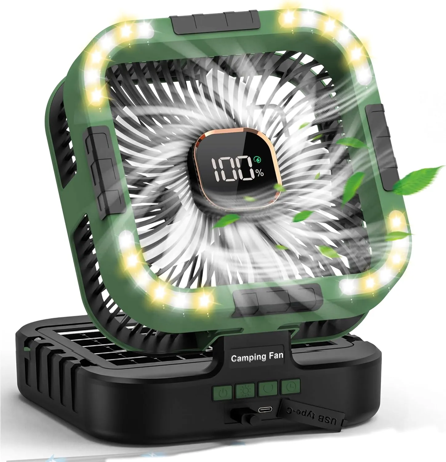 Camping Fan Battery Powered with LED Light 10000mAh Rechargeable Portable with 6 Speed 4W Solar Panel Left/Right Oscillating Fan for Tenting, Fishing, Outdoor and Indoor
