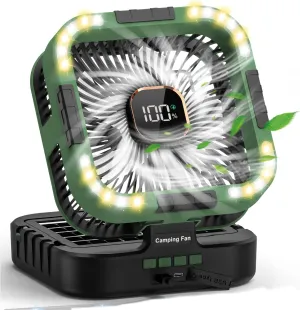 Camping Fan Battery Powered with LED Light 10000mAh Rechargeable Portable with 6 Speed 4W Solar Panel Left/Right Oscillating Fan for Tenting, Fishing, Outdoor and Indoor