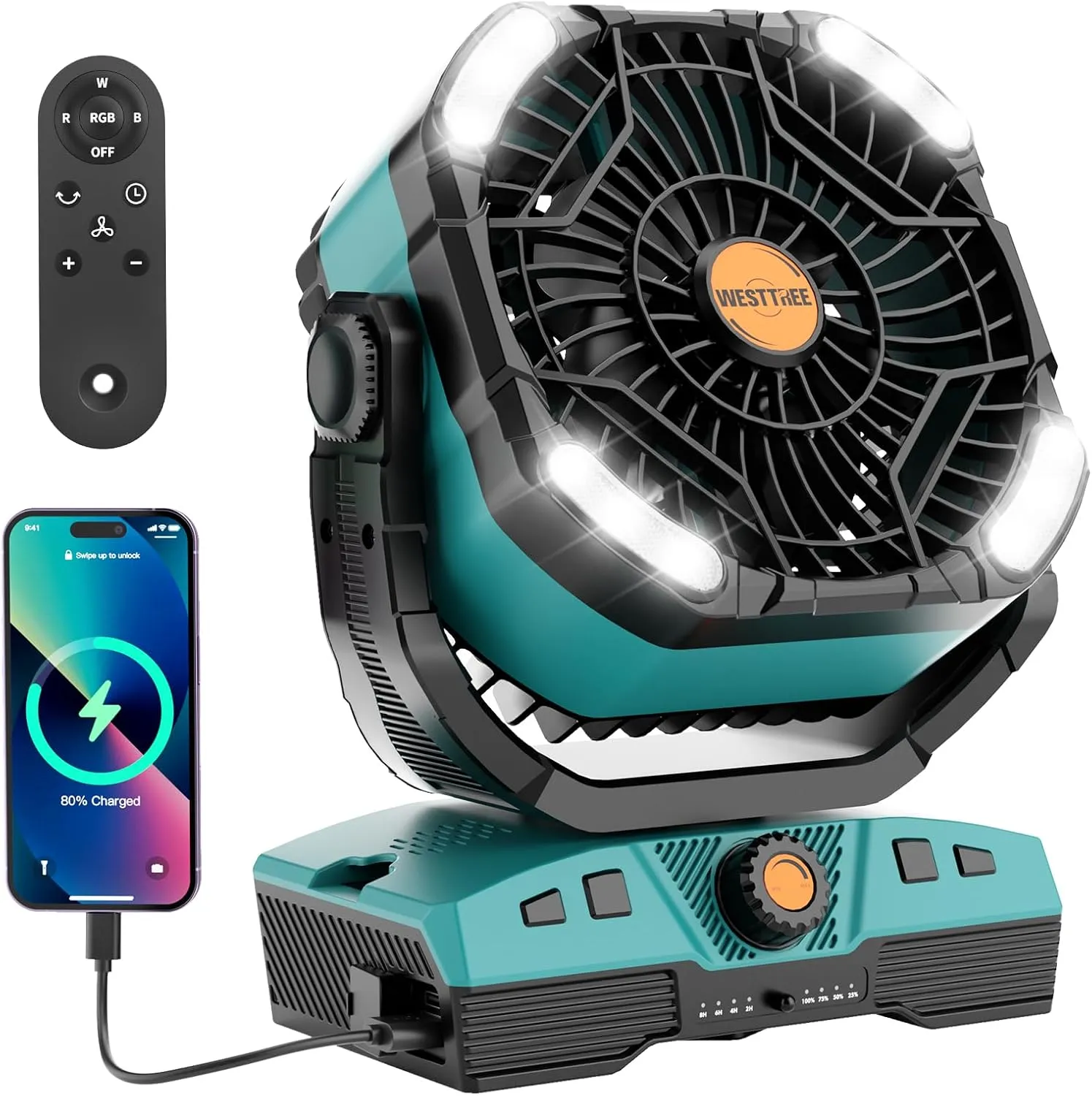 Camping Fan Portable 20000mAh Oscillating Battery Powered Fan Rechargeable Camping essentials Tent Light Hook 270° Pivot Battery Operated USB Desk X68 Cyan