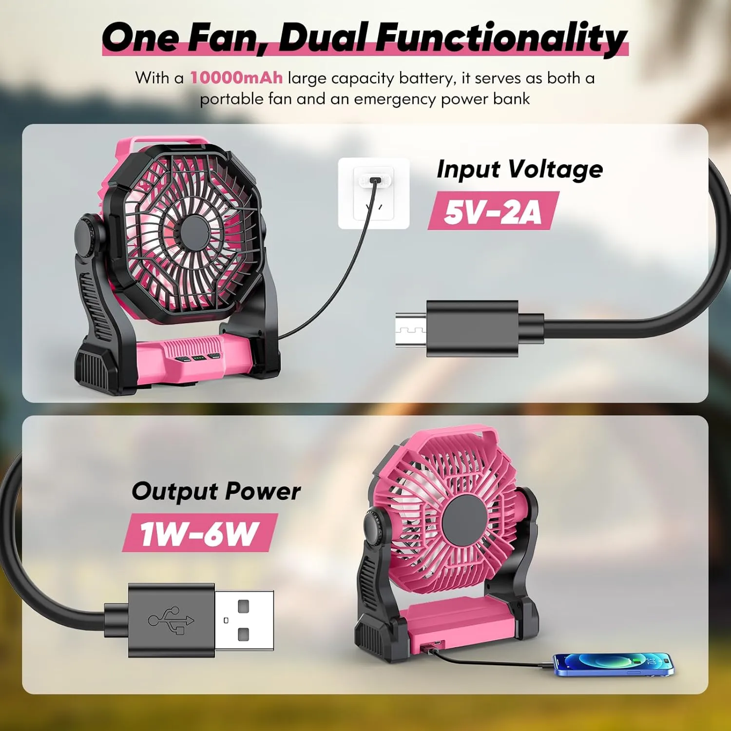 Camping Fan Rechargeable, Real 10000mAh Small Battery Operated Fan with LED Lights Dimmable, 10’’ Portable Fans with Hook, Quiet Personal USB C Desk Fan for Camping, Beach, Worksite, Pink