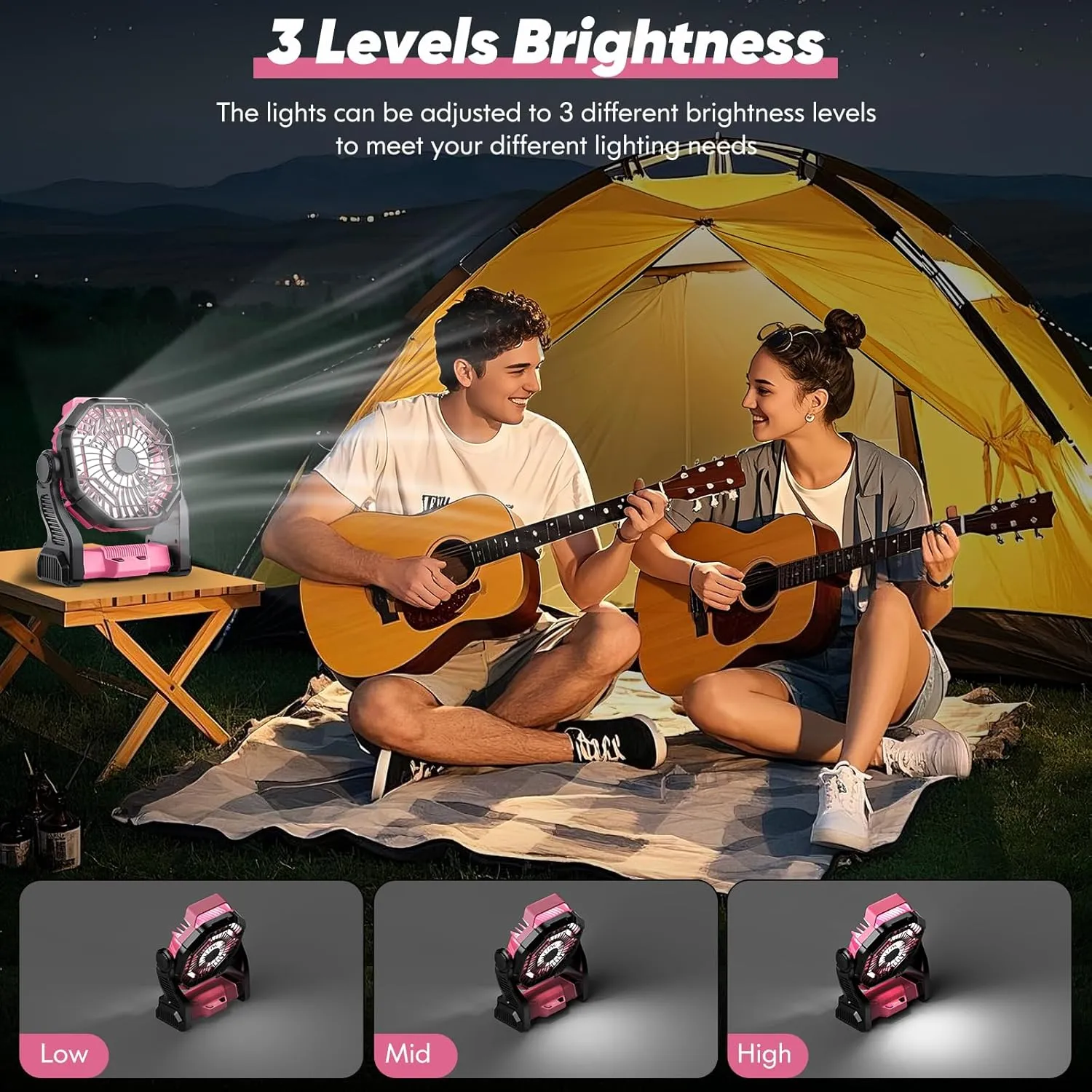 Camping Fan Rechargeable, Real 10000mAh Small Battery Operated Fan with LED Lights Dimmable, 10’’ Portable Fans with Hook, Quiet Personal USB C Desk Fan for Camping, Beach, Worksite, Pink