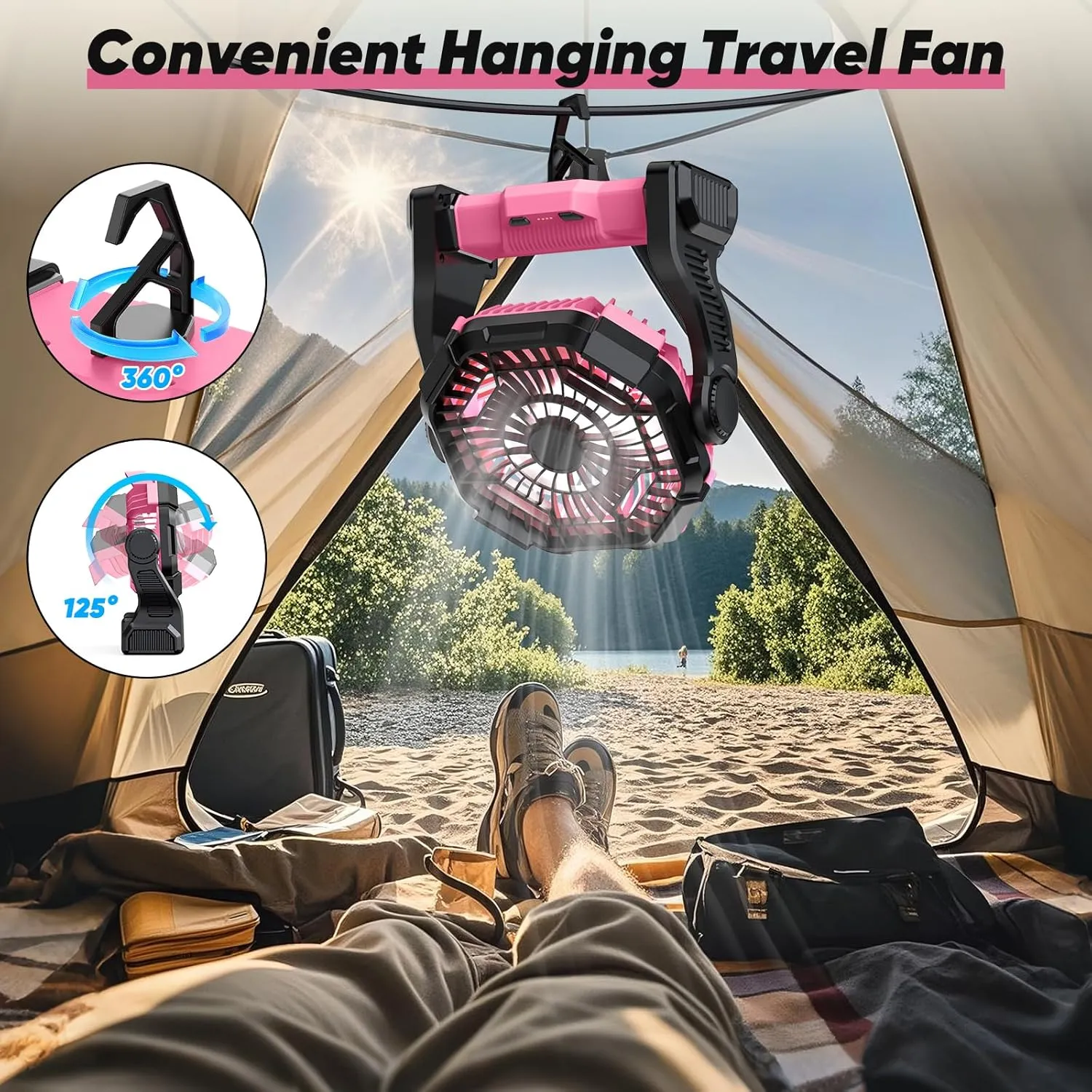 Camping Fan Rechargeable, Real 10000mAh Small Battery Operated Fan with LED Lights Dimmable, 10’’ Portable Fans with Hook, Quiet Personal USB C Desk Fan for Camping, Beach, Worksite, Pink