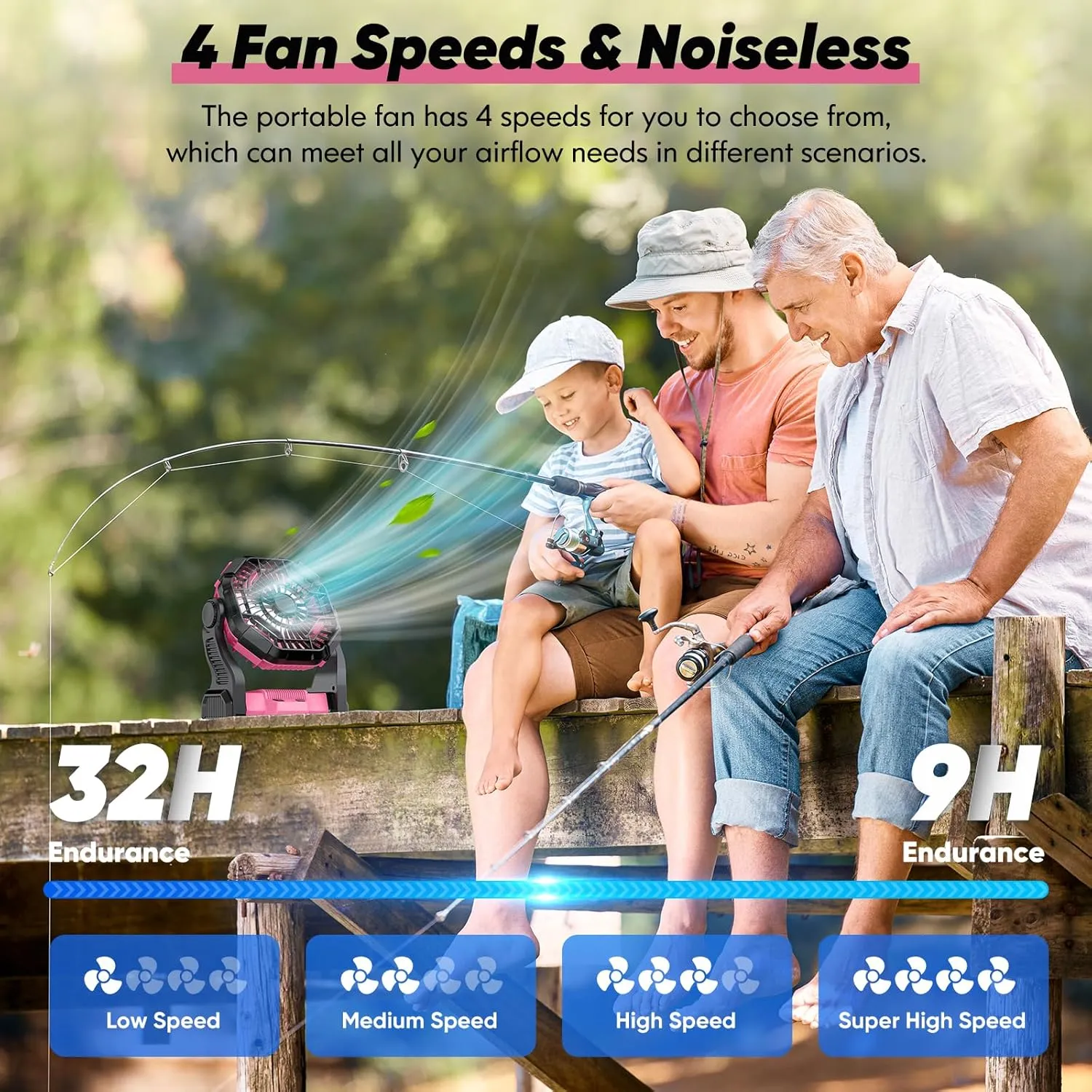 Camping Fan Rechargeable, Real 10000mAh Small Battery Operated Fan with LED Lights Dimmable, 10’’ Portable Fans with Hook, Quiet Personal USB C Desk Fan for Camping, Beach, Worksite, Pink