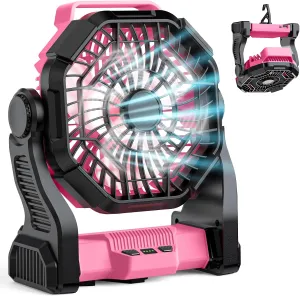 Camping Fan Rechargeable, Real 10000mAh Small Battery Operated Fan with LED Lights Dimmable, 10’’ Portable Fans with Hook, Quiet Personal USB C Desk Fan for Camping, Beach, Worksite, Pink