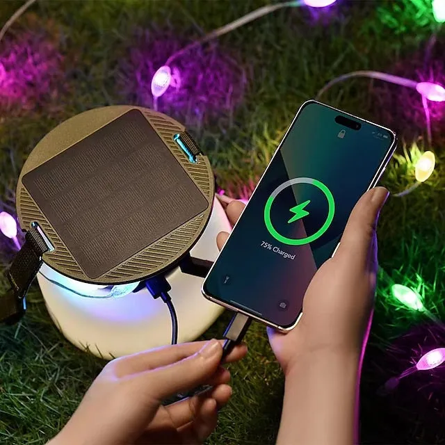 Camping Lantern Solar String Lights Multifunctional Rechargeable Outdoor Tent Camping Light 16.4FT IP65 Waterproof Camping Gear with Rechargeable Emergency for Christmas, Home and Party Decorations