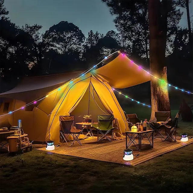 Camping Lantern Solar String Lights Multifunctional Rechargeable Outdoor Tent Camping Light 16.4FT IP65 Waterproof Camping Gear with Rechargeable Emergency for Christmas, Home and Party Decorations